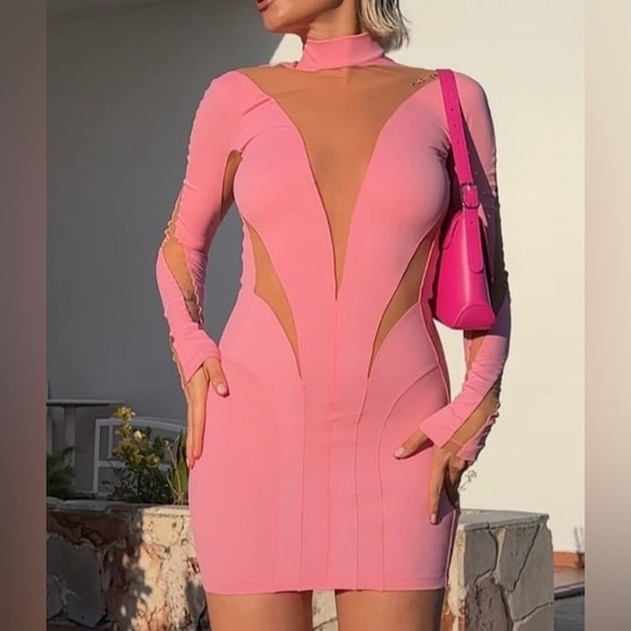 NWT MUGLER x HM Mesh Panel Mini Dress Pink Longsleeve Bodycon Mesh Cut Outs XS - Picture 3 of 9